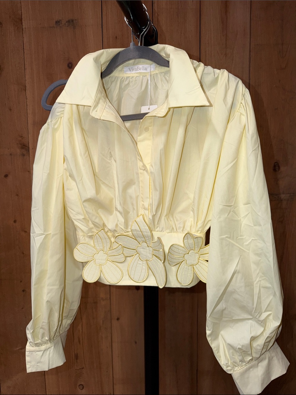 Abella Light Yellow Cropped Button-Down Shirt with Floral Waist Appliqué